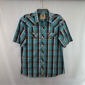 Larry Mahan Western Shirt XXL Blue Pearl Snap Plaid Short Sleeve Cowboy
